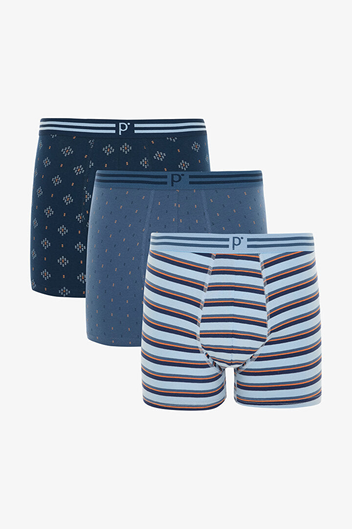 Mavi Erkek Geometrik Desenli 3'lü Boxer