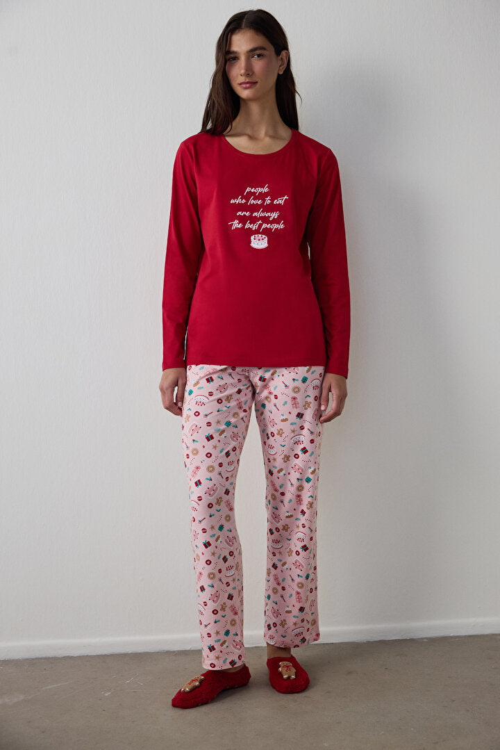 Kırmızı Joyous Time Yılbaşı Temalı Bisiklet Yaka Pamuklu Uzun Kollu Pijama Takımı