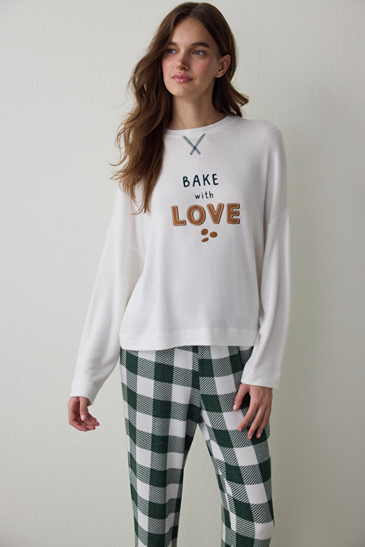 Kırık Beyaz With Love Slogan Baskılı Termal Etkili Sweatshirt Pijama Üstü