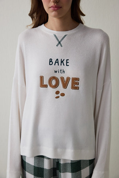 Kırık Beyaz With Love Slogan Baskılı Termal Etkili Sweatshirt Pijama Üstü