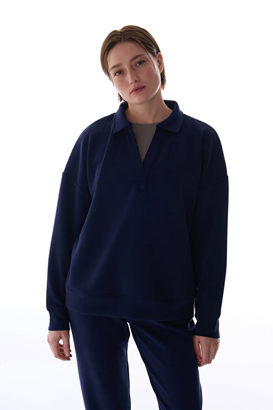 Lacivert Polo Yaka Modal Sweatshirt
