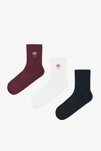 3 Çift Pamuklu Kurdele Nakışlı Tenis Soket Çorap