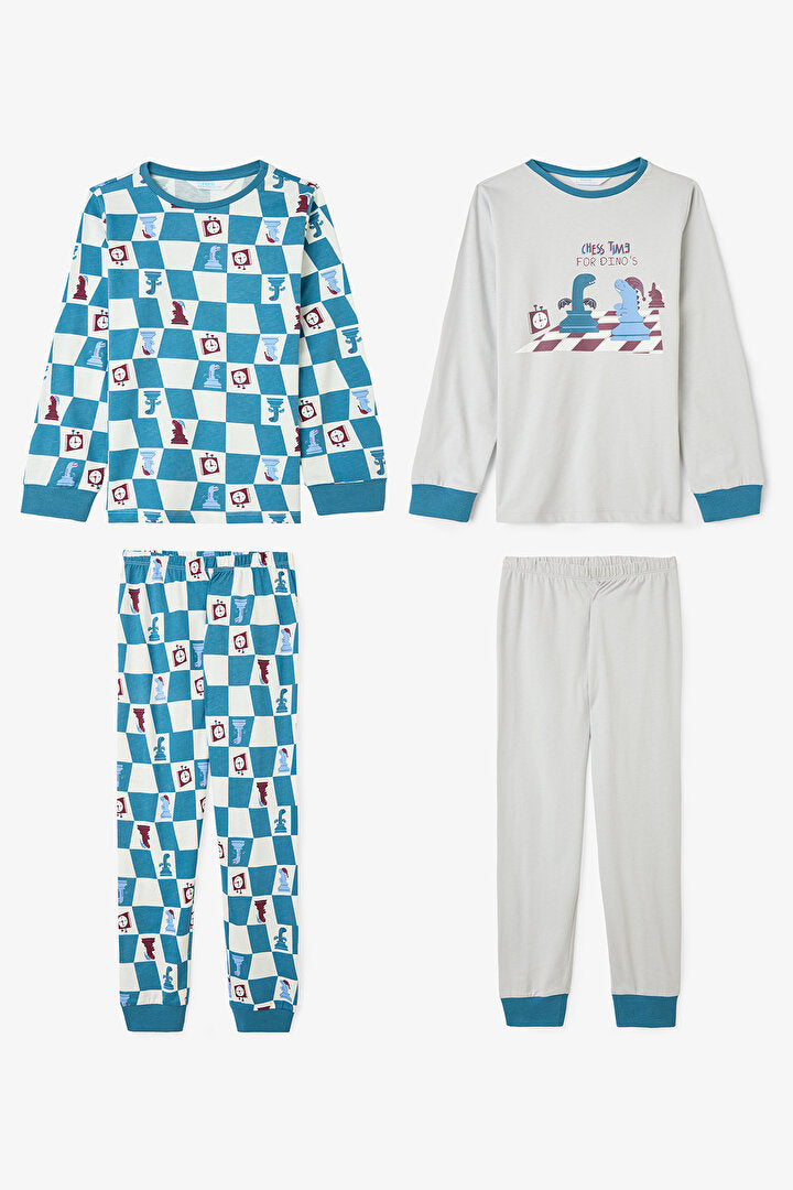 Erkek Çocuk Chess Time Dinozor Desenli Uzun Kollu Pamuklu 2'li Pijama Takımı