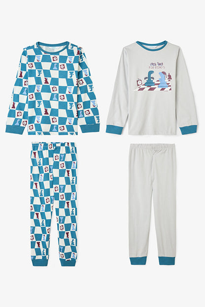 Erkek Çocuk Chess Time Dinozor Desenli Uzun Kollu Pamuklu 2'li Pijama Takımı