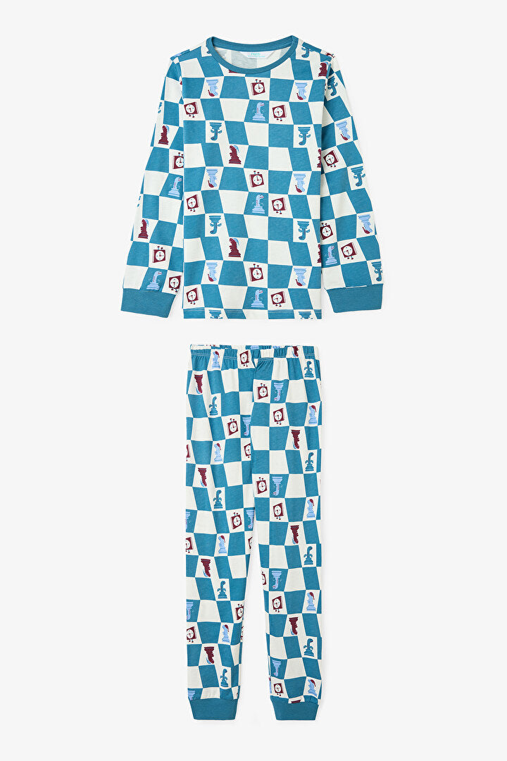 Erkek Çocuk Chess Time Dinozor Desenli Uzun Kollu Pamuklu 2'li Pijama Takımı