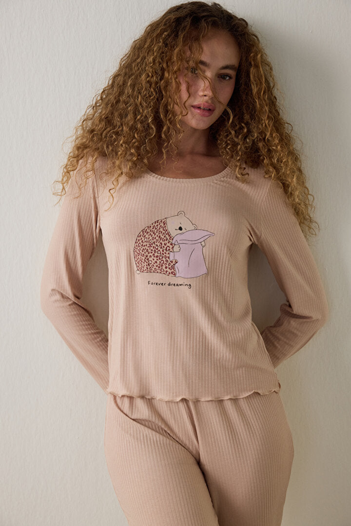 Bej Dreaming Leopar Desenli Bisiklet Yaka Uzun Kollu Pijama Üstü