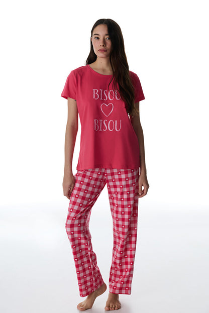 Fuşya Pink Hearts Pantolon Pijama Takımı