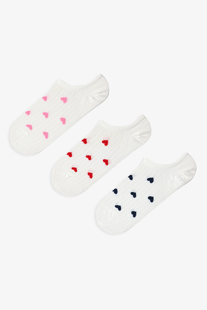 3 Çift Burun Dikişsiz Pamuklu Renkli Kalp Desenli Sneaker Çorap