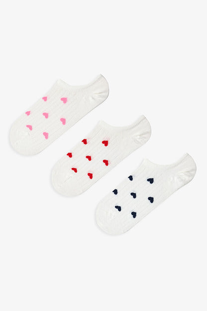 3 Çift Burun Dikişsiz Pamuklu Renkli Kalp Desenli Sneaker Çorap