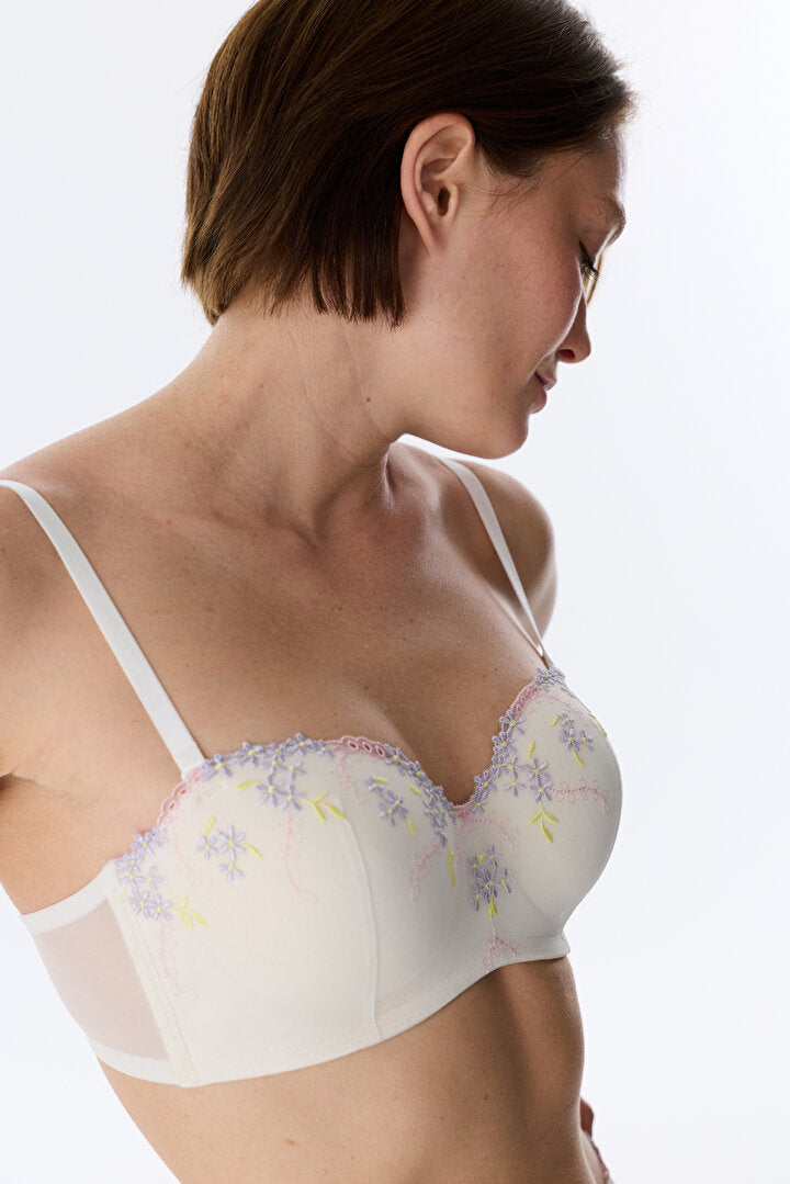 Kırık Beyaz Lotus Straplez Broderie Sütyen
