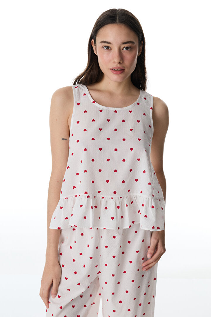 Kırık Beyaz Red Hearts Atlet Pijama Üstü