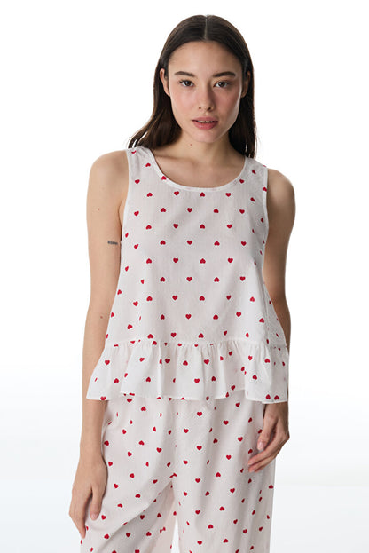 Kırık Beyaz Red Hearts Atlet Pijama Üstü