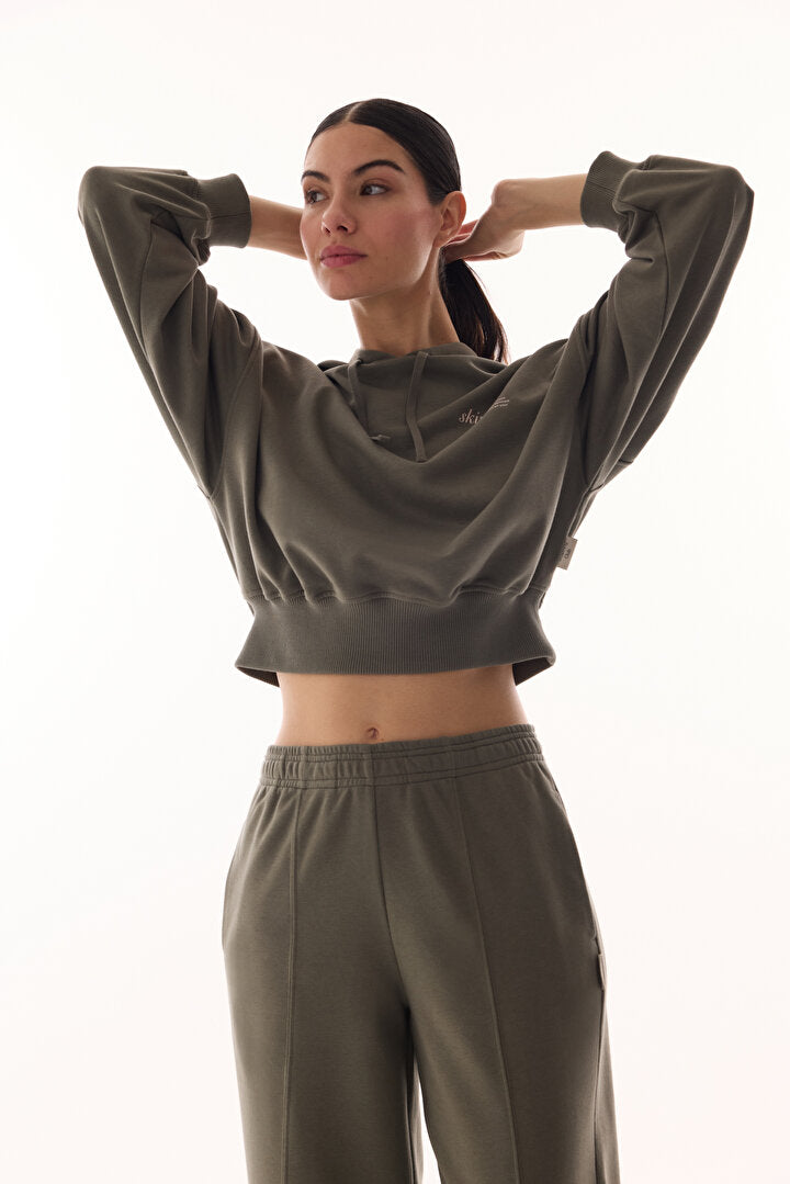 Haki Kapüşonlu Crop Sweatshirt