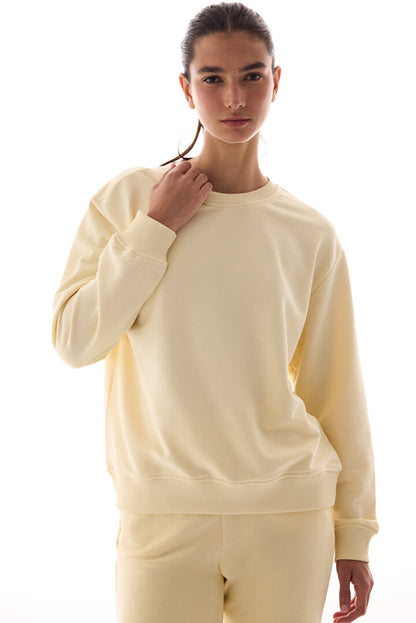 Ekru Bisiklet Yaka Regular Kesim Pamuklu Sweatshirt