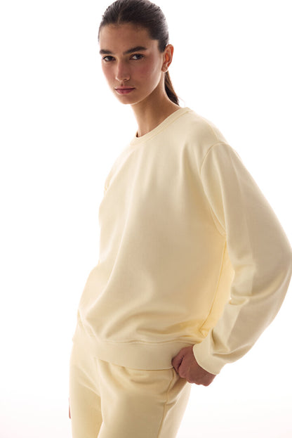 Ekru Bisiklet Yaka Regular Kesim Pamuklu Sweatshirt