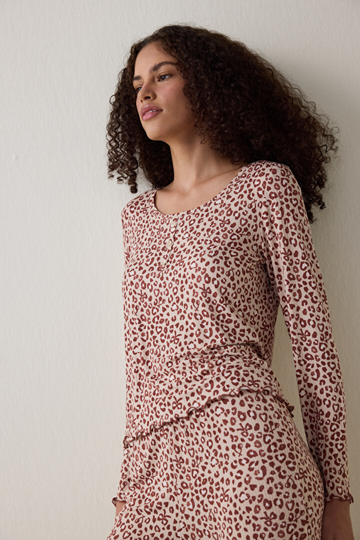 Bej Dreaming Leopar Desenli Bisiklet Yaka Uzun Kollu Pijama Üstü