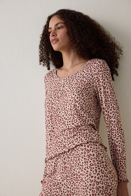 Bej Dreaming Leopar Desenli Bisiklet Yaka Uzun Kollu Pijama Üstü