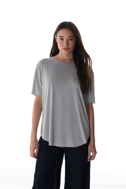 Gri Bisiklet Yaka Oversize Modal T-shirt