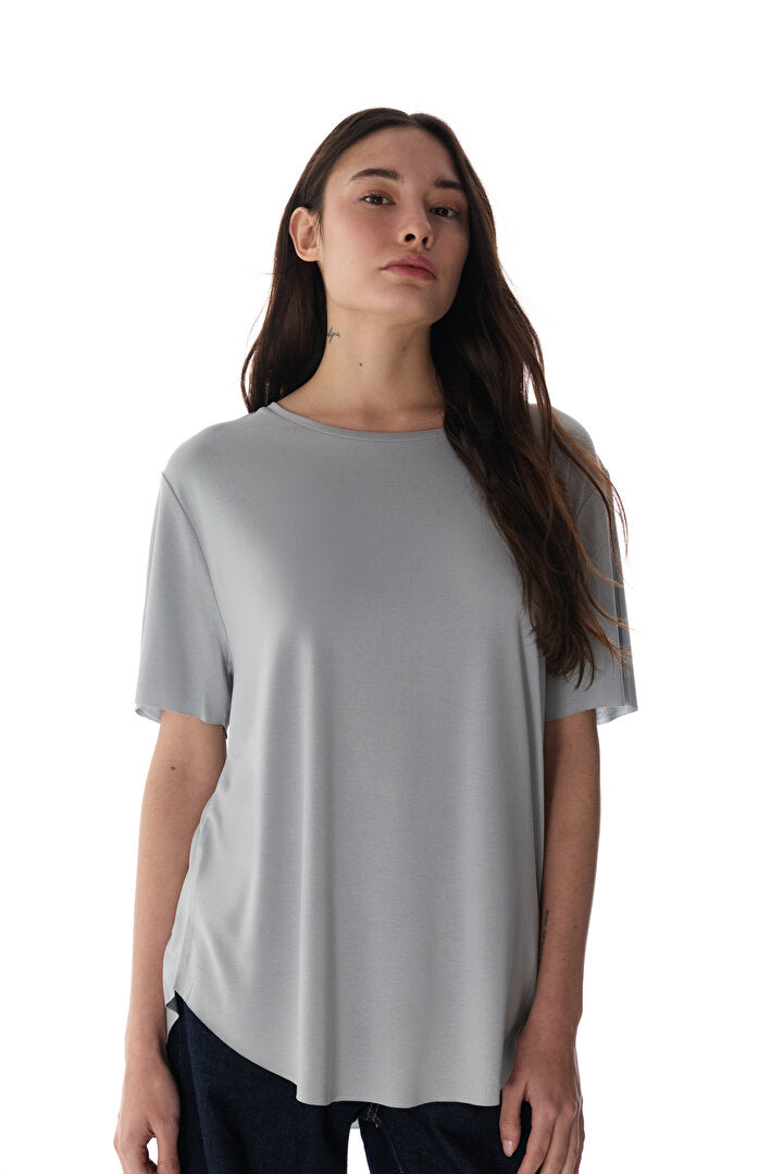 Gri Bisiklet Yaka Oversize Modal T-shirt