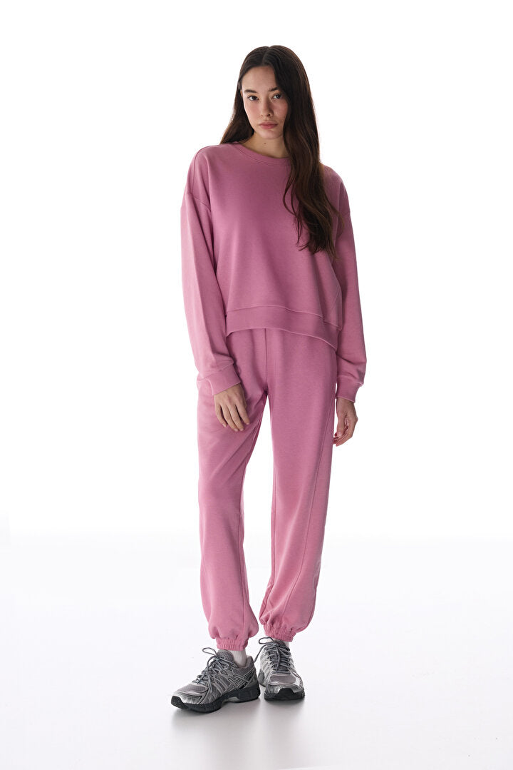 Gül Kurusu Dikiş Detaylı Bisiklet Yaka Pamuklu Sweatshirt