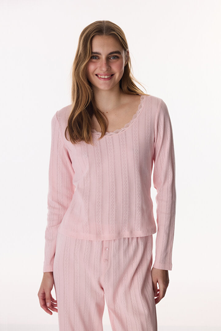 Pembe Lotus Pointel Tişört Pijama Üstü