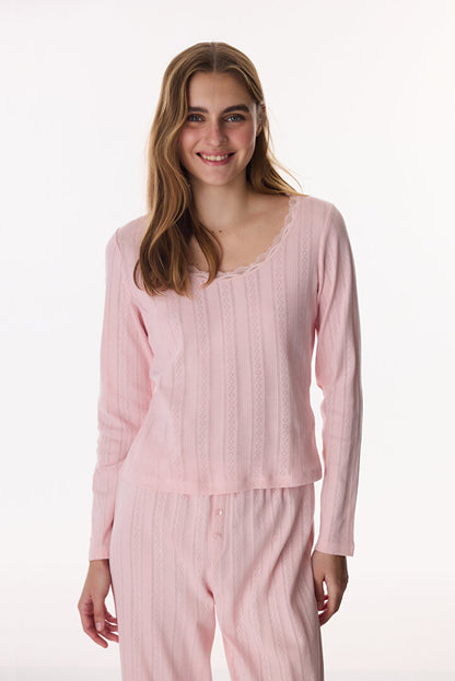 Pembe Lotus Pointel Tişört Pijama Üstü