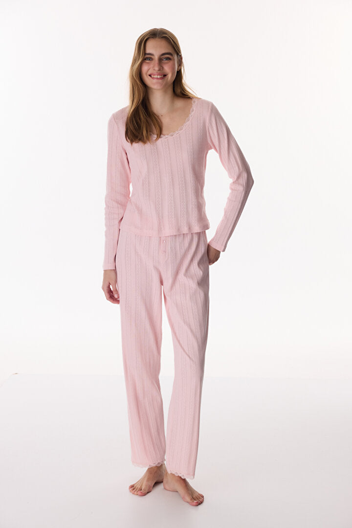 Pembe Lotus Pointel Tişört Pijama Üstü