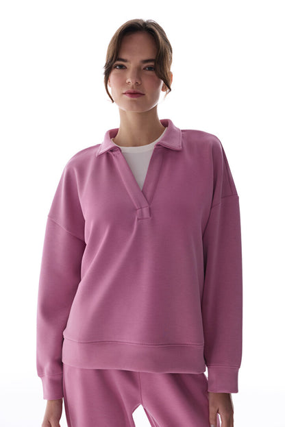 Gül Pembesi Polo Yaka Modal Sweatshirt