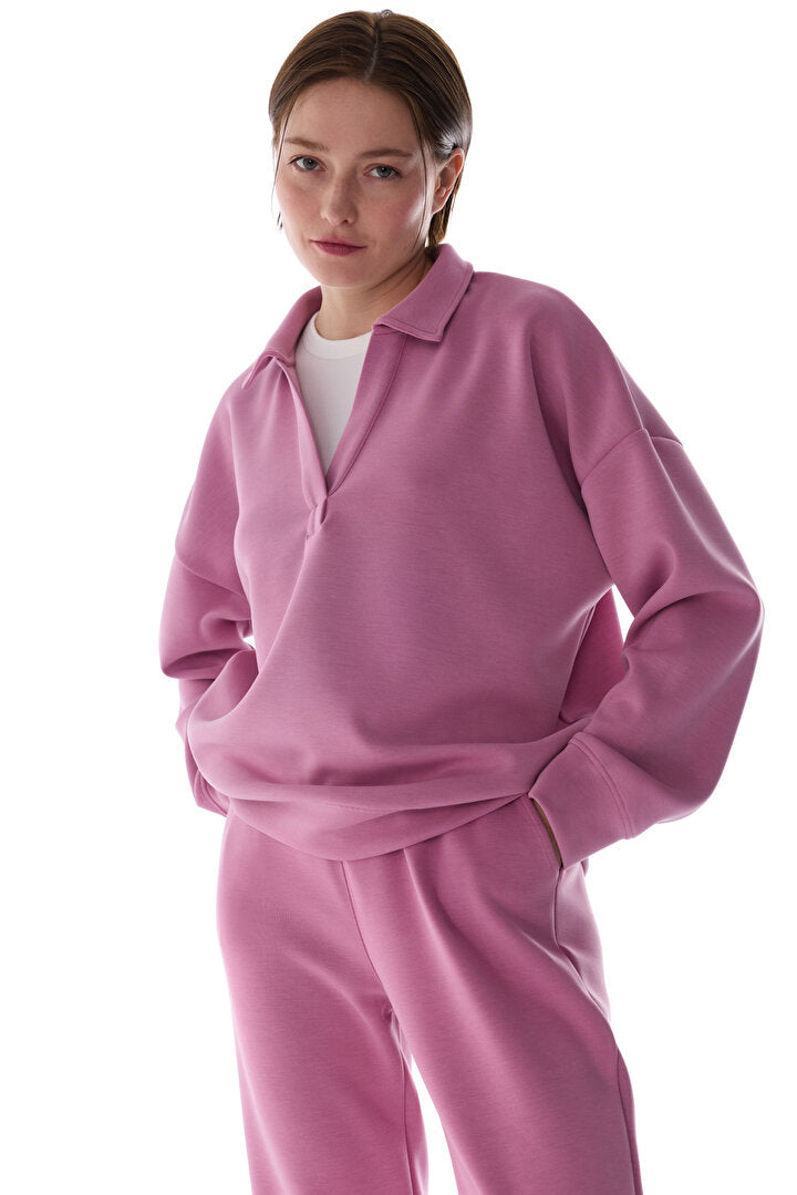Gül Pembesi Polo Yaka Modal Sweatshirt