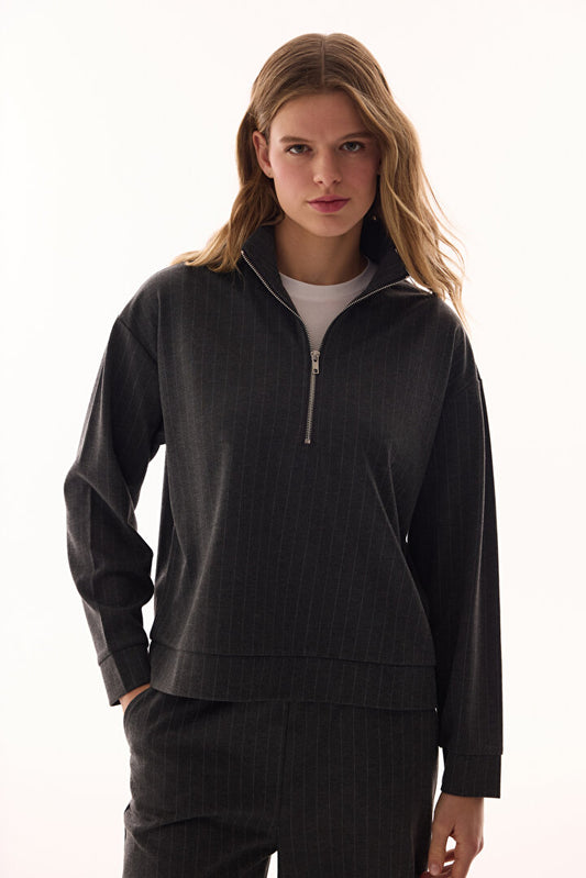 Antrasit Fermuarlı Çizgili Sweatshirt