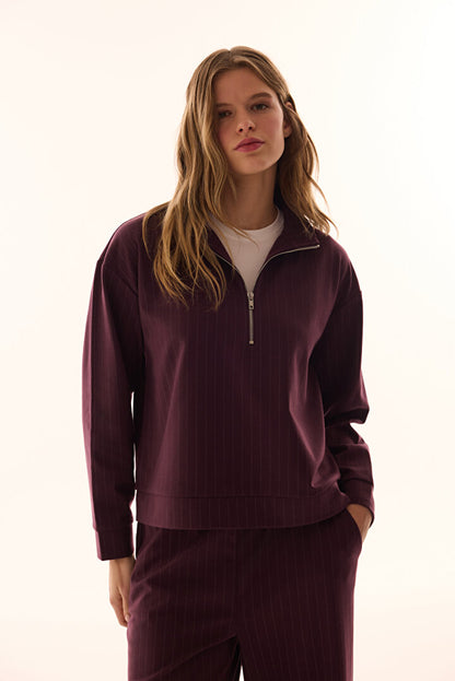 Bordo Fermuarlı Çizgili Sweatshirt