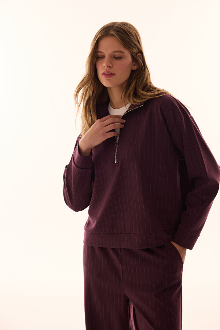 Bordo Fermuarlı Çizgili Sweatshirt