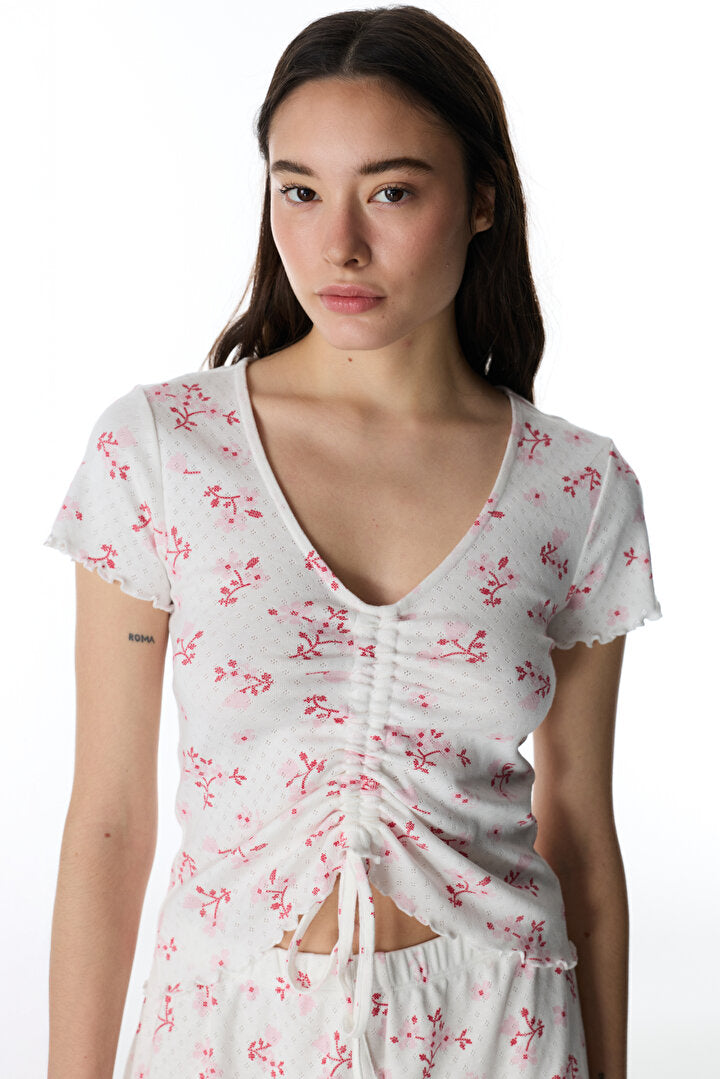 Pembe Blossom Pointel Tişört Pijama Üstü