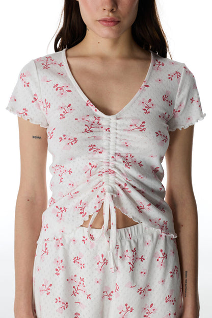Pembe Blossom Pointel Tişört Pijama Üstü