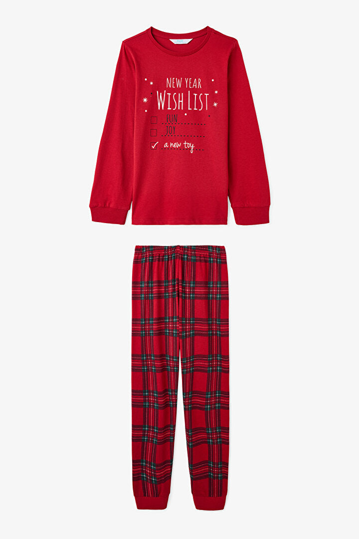 Kırmızı Erkek Çocuk Wishlist Baskılı Uzun Kollu Pamuklu Pijama Takımı