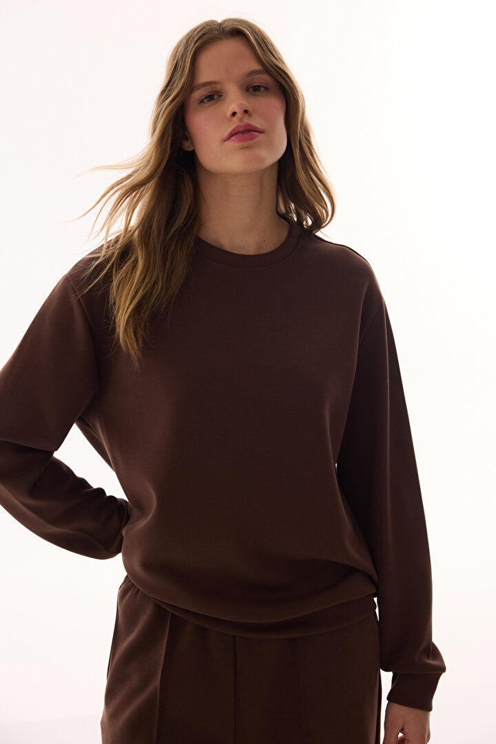 Kahverengi Bisiklet Yaka Oversize Modal Sweatshirt