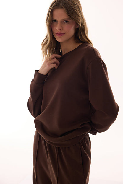 Kahverengi Bisiklet Yaka Oversize Modal Sweatshirt