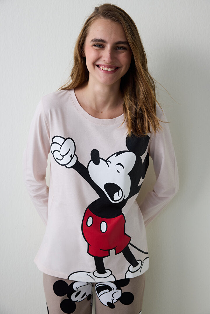 Bej Mickey Mouse Baskılı Bisiklet Yaka Pamuklu Uzun Kollu Pijama Takımı