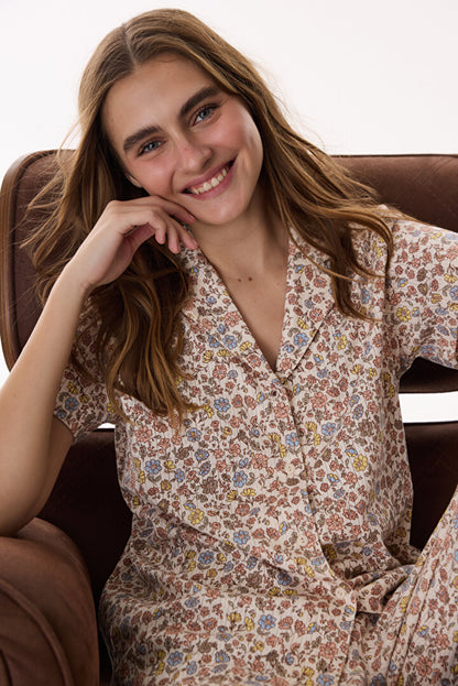 Bej Floral Pointel Gömlek Pantolon Pijama Takımı