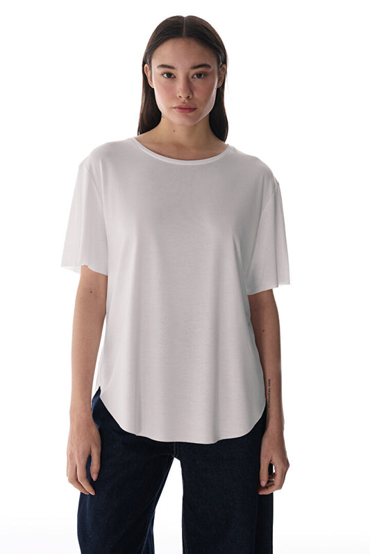 Beyaz Bisiklet Yaka Oversize Modal T-shirt