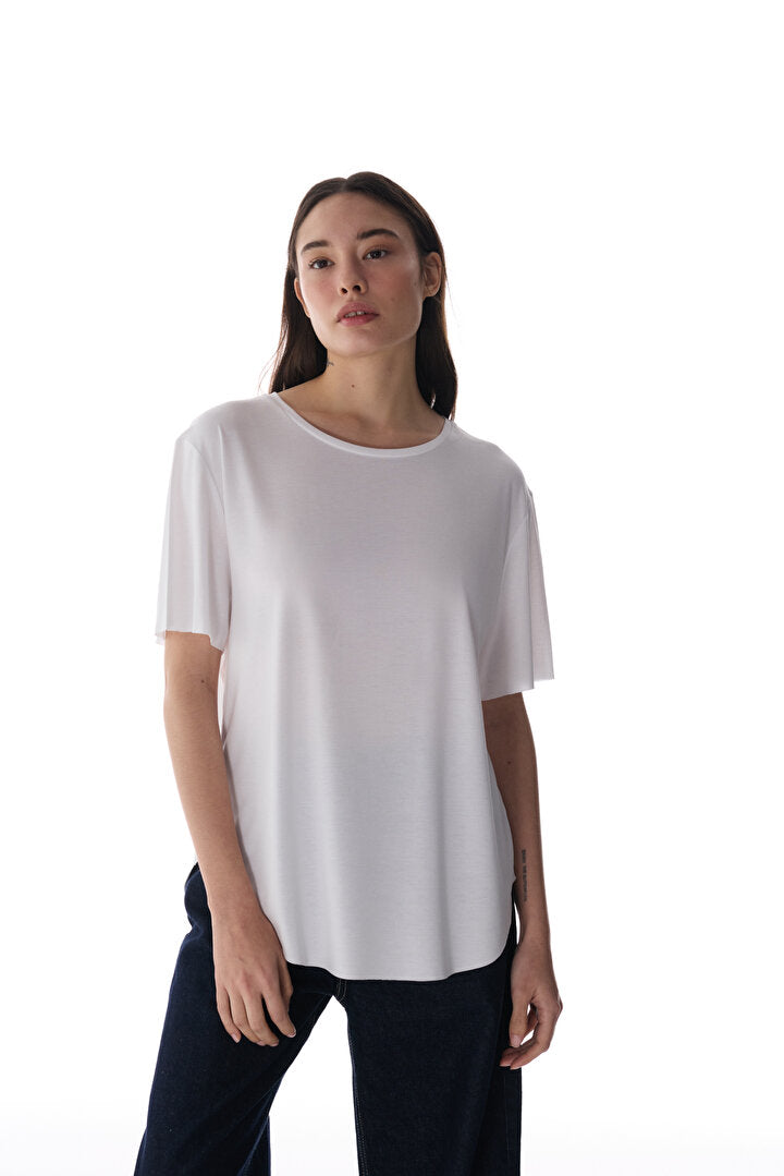 Beyaz Bisiklet Yaka Oversize Modal T-shirt