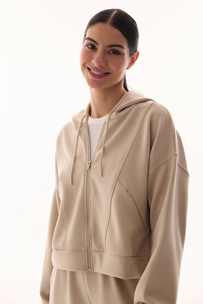 Bej Silky Feel Fermuarlı Hoodie