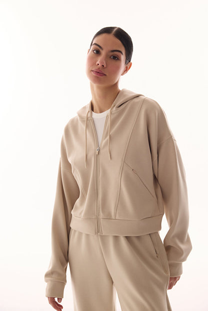 Bej Silky Feel Fermuarlı Hoodie