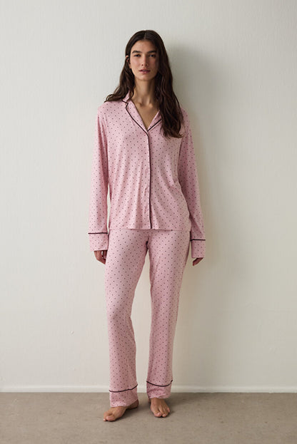Pembe Puantiyeli Oversize Gömlek Yaka Pijama Takımı