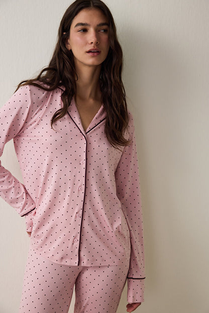 Pembe Puantiyeli Oversize Gömlek Yaka Pijama Takımı