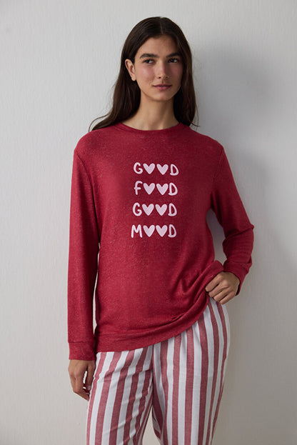 Bordo Good Mood Slogan Baskılı Termal Etkili Sweatshirt Pijama Üstü
