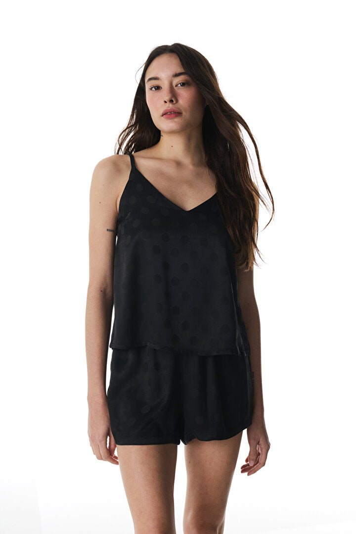 Siyah Lilah Saten Şortlu Pijama Takımı