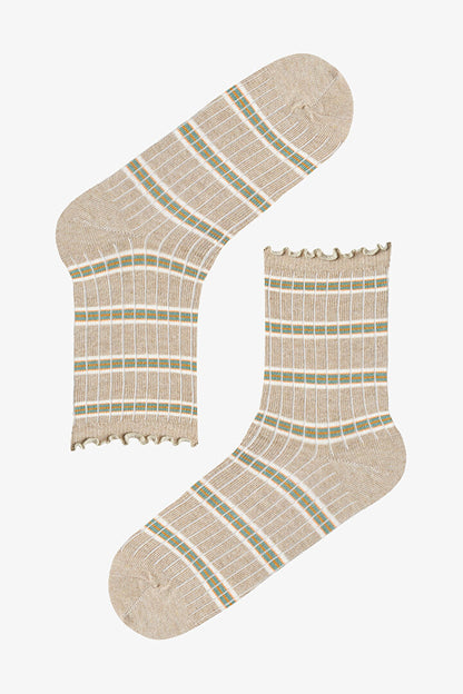Kahve Sahlep Ruffled Stripe 3lü Soket Çorap