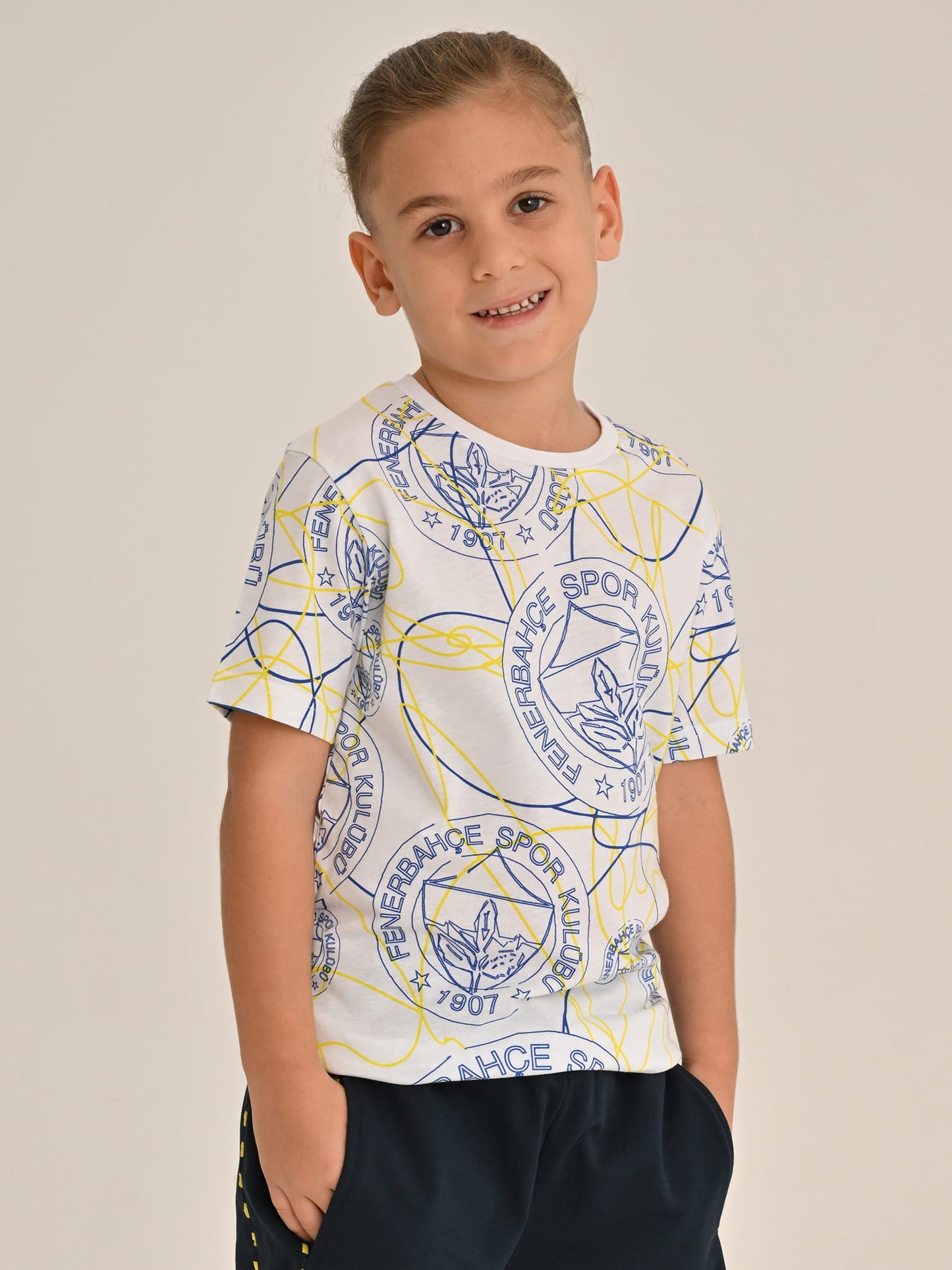 Fenerbahçe Beyaz Tribün Logo Patternli Çocuk Tshirt