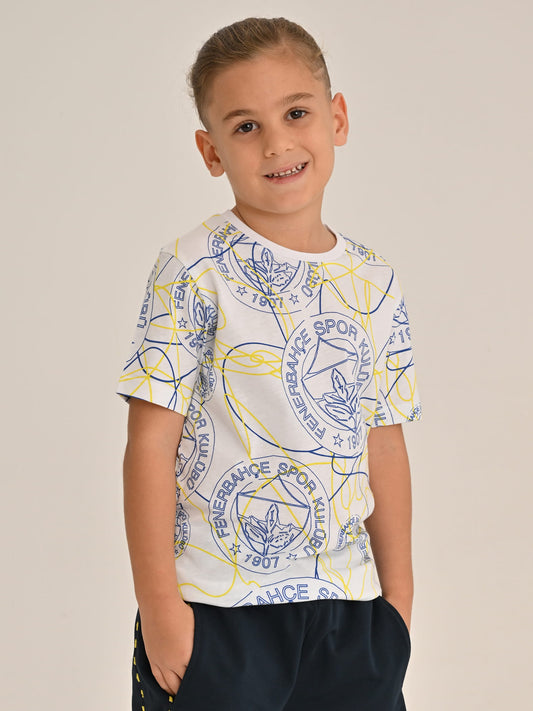 Fenerbahçe Beyaz Tribün Logo Patternli Çocuk Tshirt
